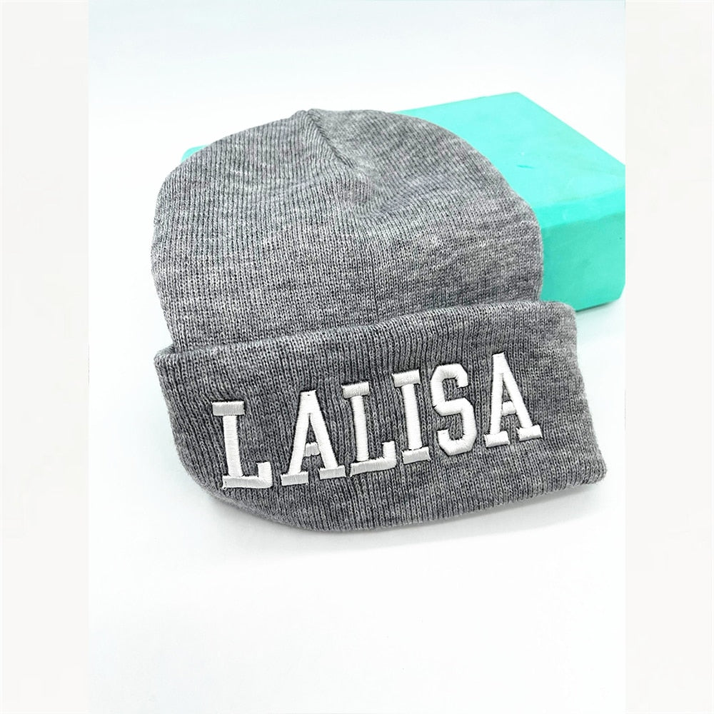 BlackPink LISA Letter Embroidery Gray Knitted Beanie