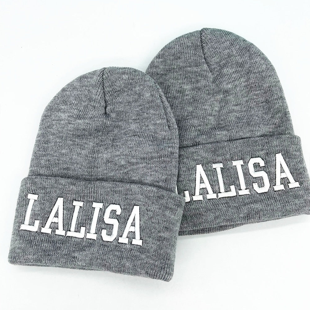 BlackPink LISA Letter Embroidery Gray Knitted Beanie