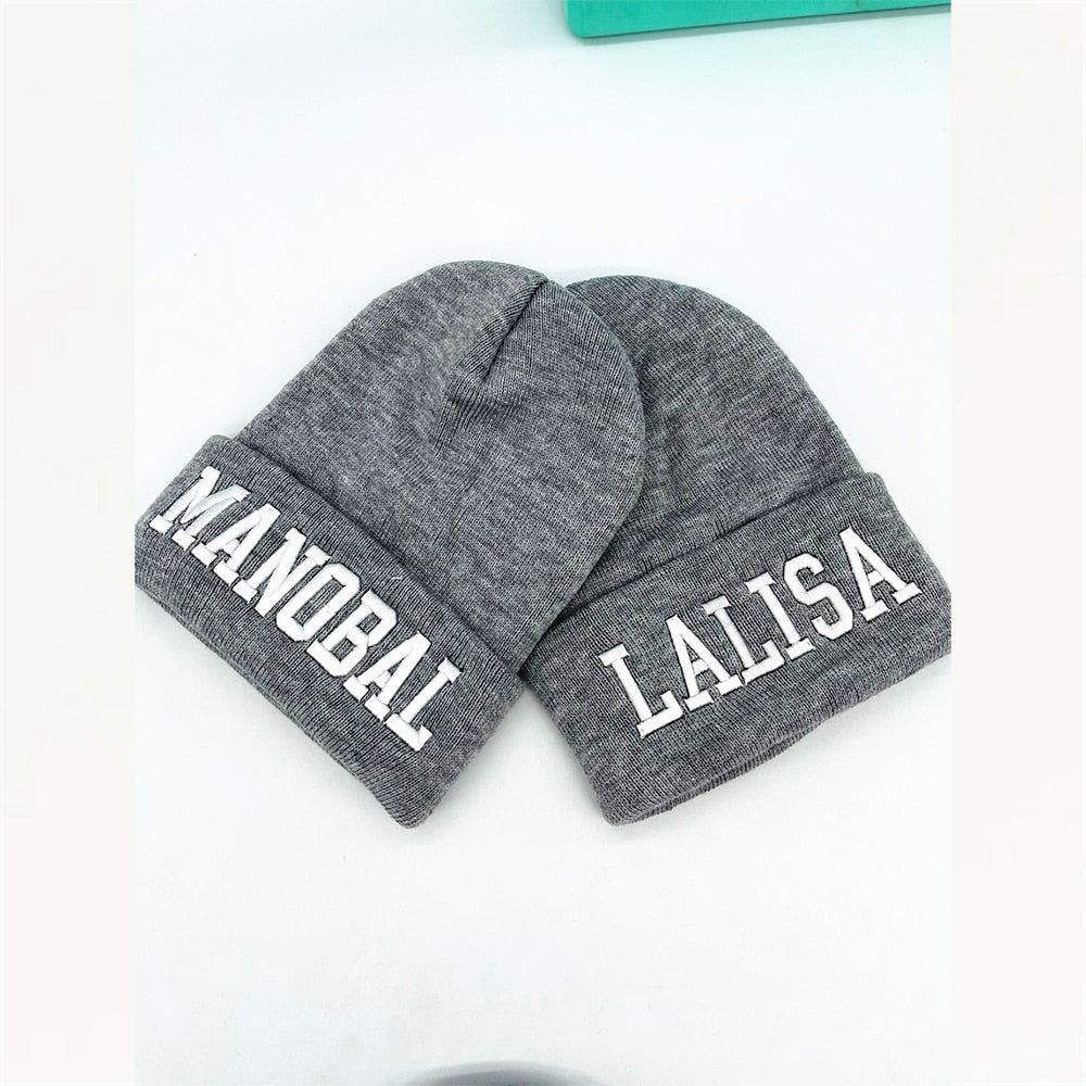 BlackPink LISA Letter Embroidery Gray Knitted Beanie